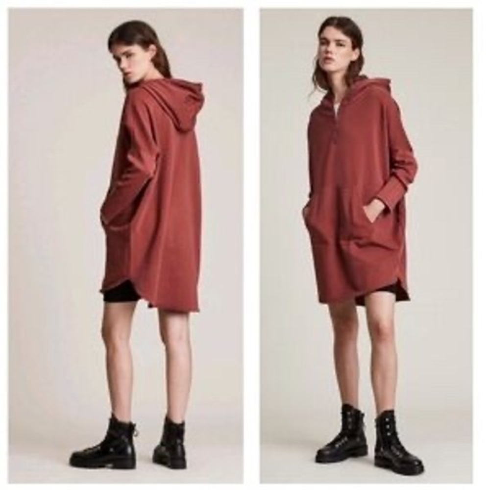 All Saints Xonda Hoody Dress L Rose Cotton Quarter Zip Hooded Sweatshirt Dress